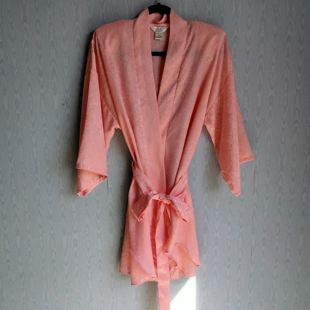 Vtg 80s Mervyn's Women's Large Pink Satin Jacquard Floral Short Kimono‎ Robe